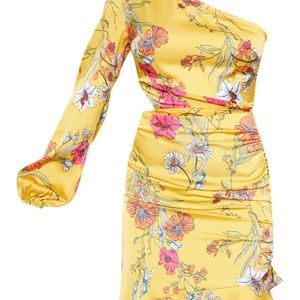 Yellow Print Floral Print One Shoulder Cut Out Midi Dres